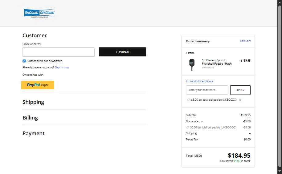 OnCourtOffCourt checkout page showing OnCourtOffCourt promo code box | Screenshot taken by SimplyCodes community member on Feb 10, 2026