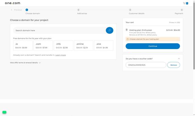 One.com checkout page showing One.com discount code box | Screenshot taken by SimplyCodes community member on Sep 4, 2025