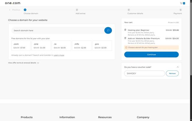 One.com checkout page showing One.com discount code box | Screenshot taken by SimplyCodes community member on Sep 5, 2025