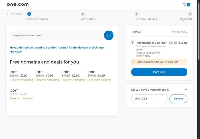 One.com checkout page showing One.com discount code box | Screenshot taken by SimplyCodes community member on Jul 21, 2025