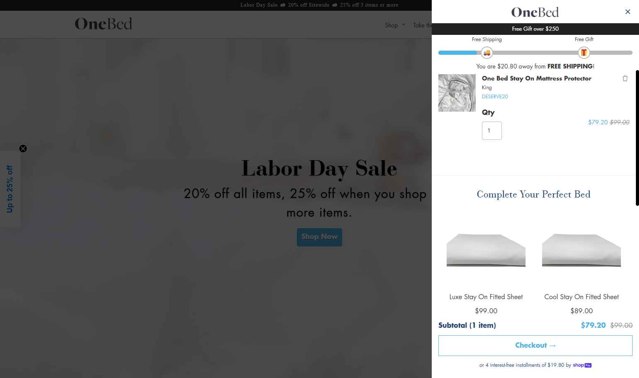 One Bed checkout page showing One Bed promo code box | Screenshot taken by SimplyCodes community member on Sep 2, 2025
