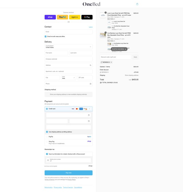 One Bed checkout page showing One Bed promo code box | Screenshot taken by SimplyCodes community member on Sep 2, 2025