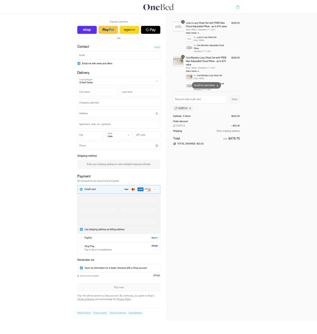 One Bed checkout page showing One Bed promo code box | Screenshot taken by SimplyCodes community member on Sep 2, 2025