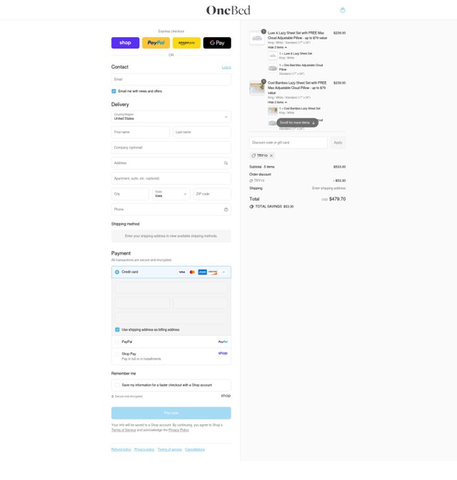 One Bed checkout page showing One Bed promo code box | Screenshot taken by SimplyCodes community member on Sep 2, 2025