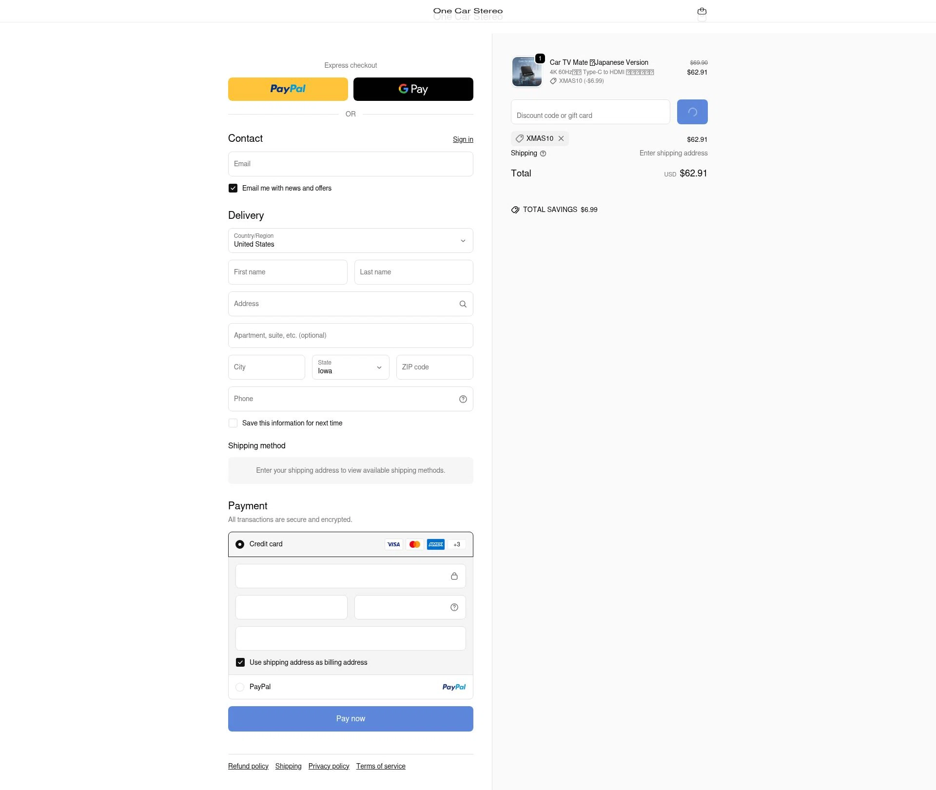 One Car Stereo checkout page showing One Car Stereo promo code box | Screenshot taken by SimplyCodes community member on Jan 3, 2026