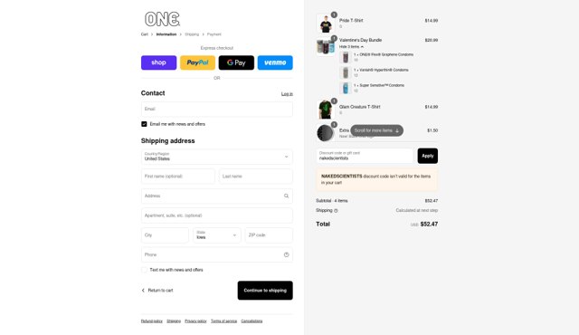 One Condoms checkout page showing One Condoms discount code box | Screenshot taken by SimplyCodes community member on Sep 4, 2025