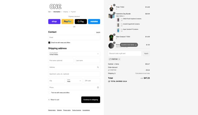 One Condoms checkout page showing One Condoms discount code box | Screenshot taken by SimplyCodes community member on Sep 4, 2025