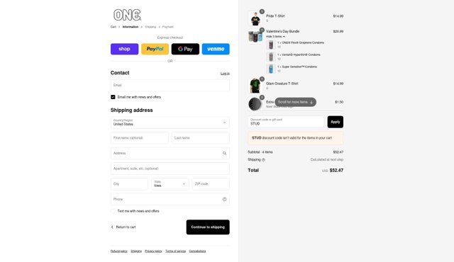 One Condoms checkout page showing One Condoms discount code box | Screenshot taken by SimplyCodes community member on Sep 4, 2025