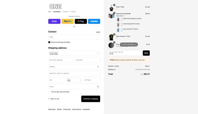 One Condoms checkout page showing One Condoms discount code box | Screenshot taken by SimplyCodes community member on Aug 31, 2025