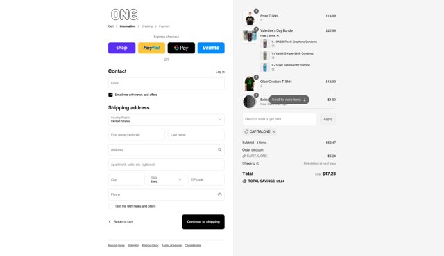 One Condoms checkout page showing One Condoms discount code box | Screenshot taken by SimplyCodes community member on Sep 4, 2025