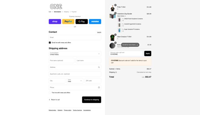 One Condoms checkout page showing One Condoms discount code box | Screenshot taken by SimplyCodes community member on Sep 4, 2025