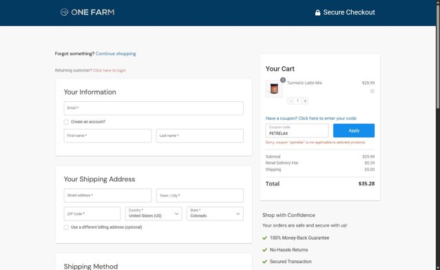 One Farm checkout page showing One Farm coupon code box | Screenshot taken by SimplyCodes community member on Sep 2, 2025