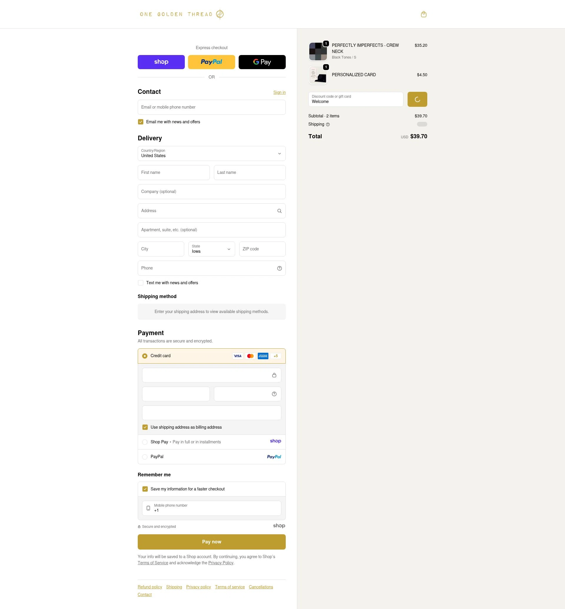One Golden Thread checkout page showing One Golden Thread discount code box | Screenshot taken by SimplyCodes community member on Dec 29, 2025