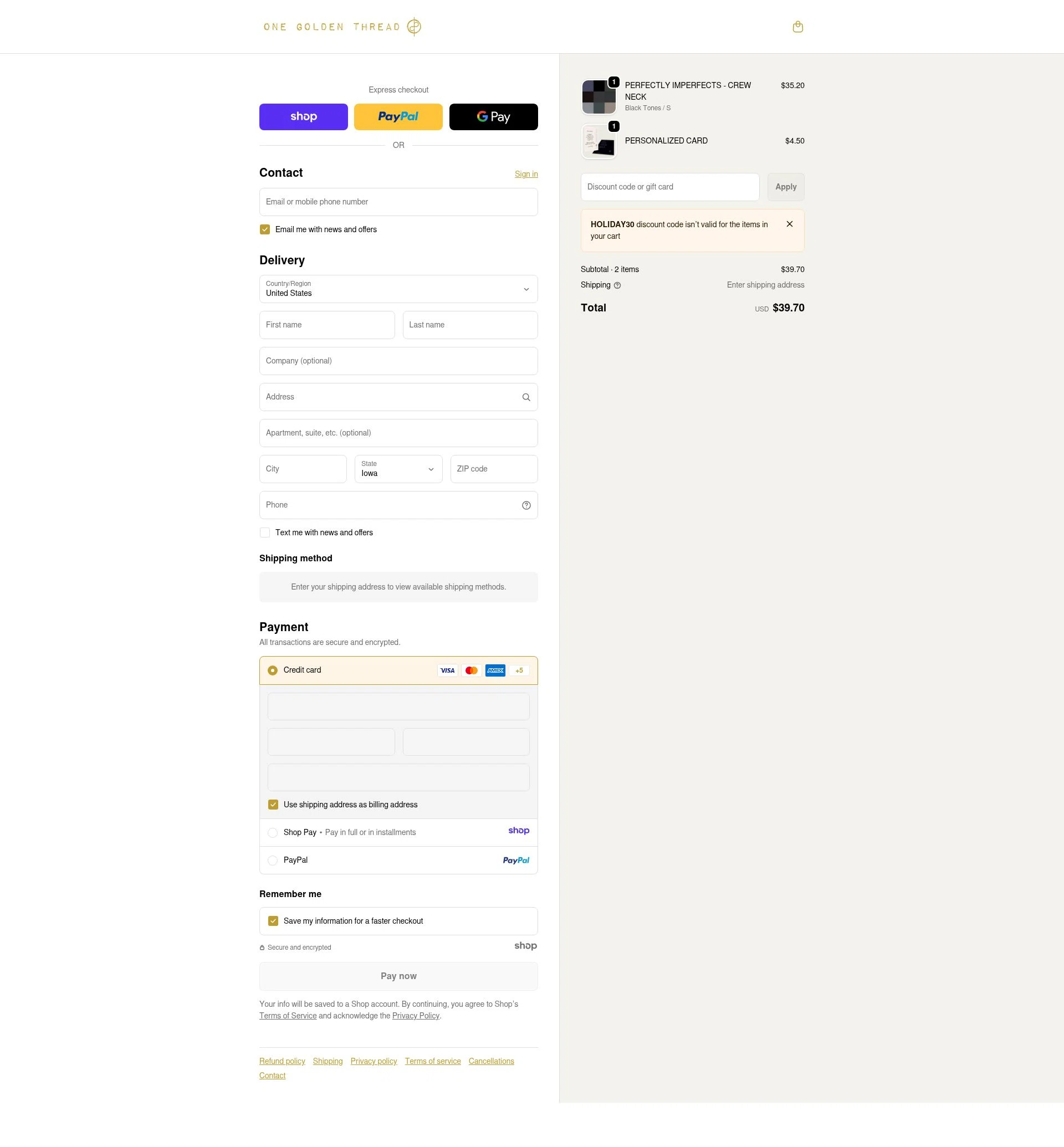 One Golden Thread checkout page showing One Golden Thread discount code box | Screenshot taken by SimplyCodes community member on Dec 29, 2025