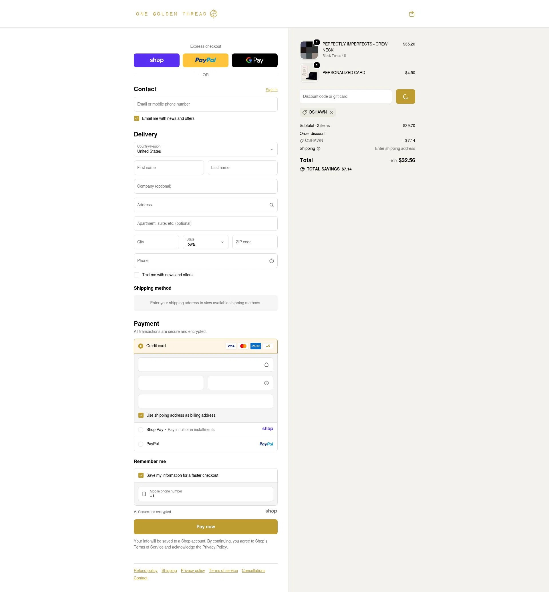 One Golden Thread checkout page showing One Golden Thread discount code box | Screenshot taken by SimplyCodes community member on Dec 29, 2025