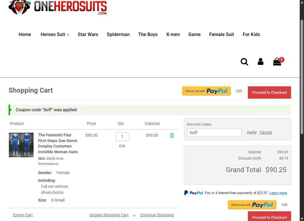 OneHeroSuits checkout page showing OneHeroSuits discount code box | Screenshot taken by SimplyCodes community member on Jul 18, 2025