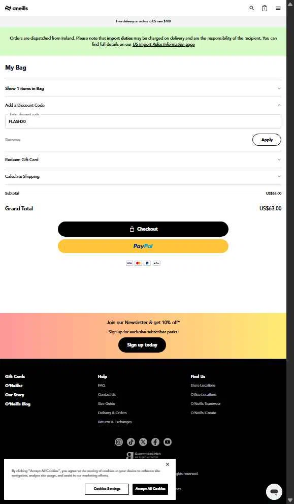 O'Neills checkout page showing O'Neills discount code box | Screenshot taken by SimplyCodes community member on Nov 19, 2025