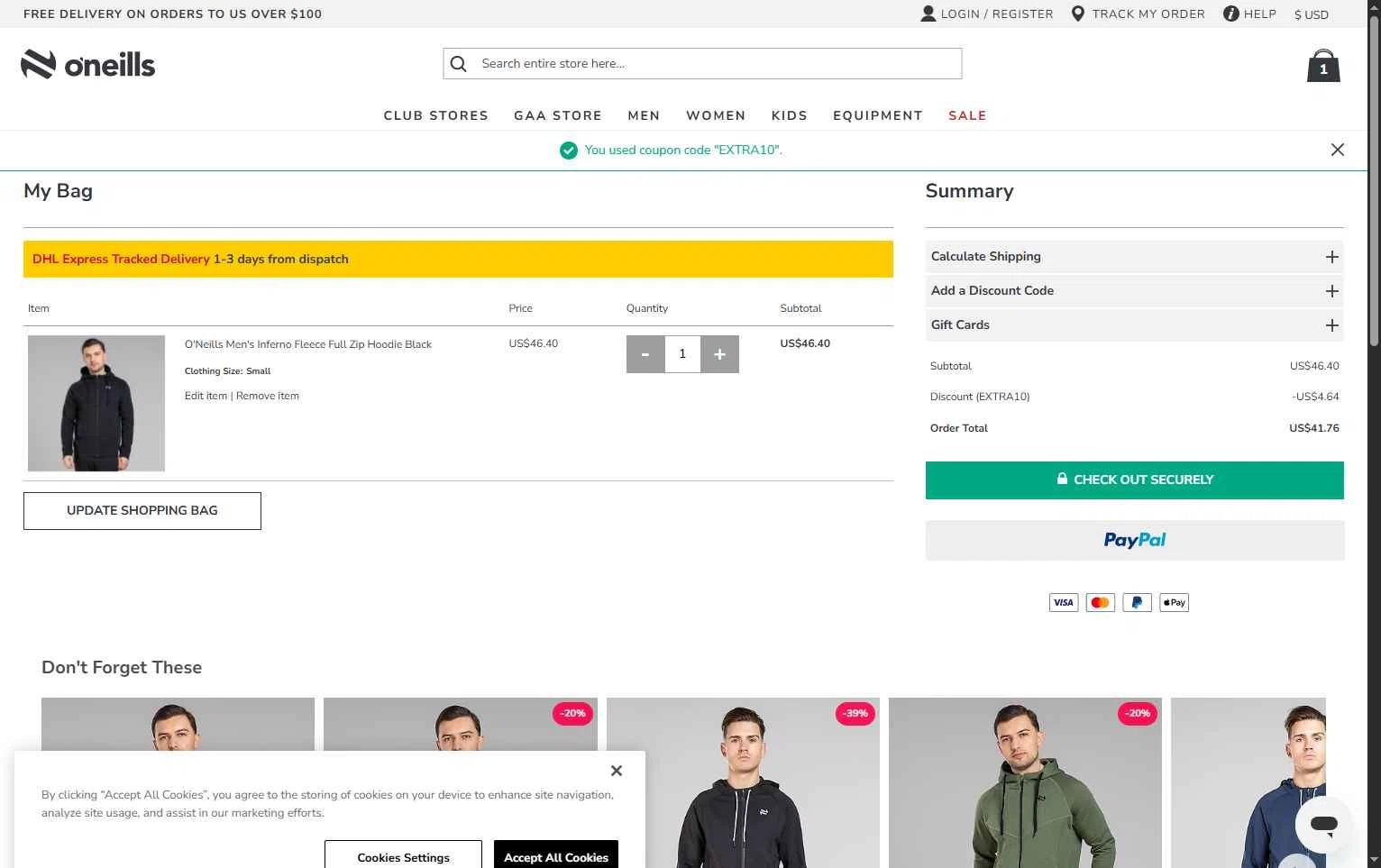 O'Neills checkout page showing O'Neills discount code box | Screenshot taken by SimplyCodes community member on Sep 20, 2025
