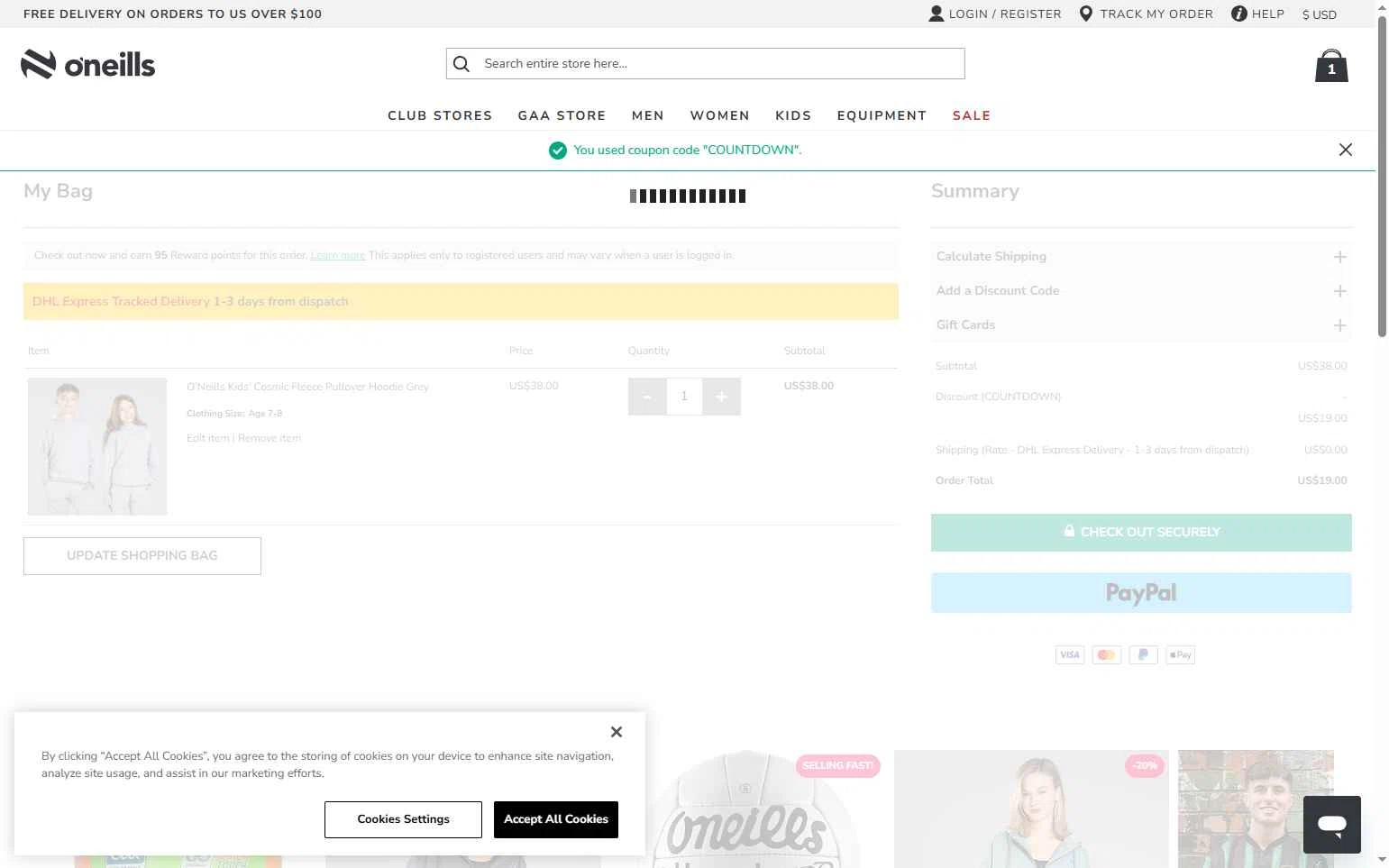 O'Neills checkout page showing O'Neills discount code box | Screenshot taken by SimplyCodes community member on May 30, 2025