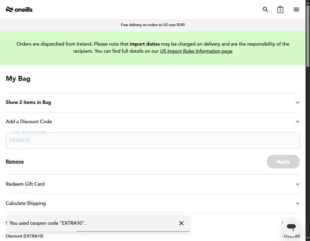 O'Neills checkout page showing O'Neills discount code box | Screenshot taken by SimplyCodes community member on Jan 30, 2026