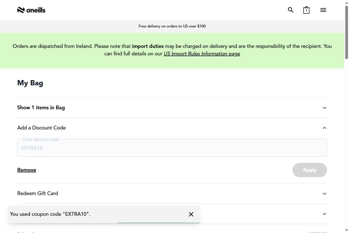 O'Neills checkout page showing O'Neills discount code box | Screenshot taken by SimplyCodes community member on Jan 5, 2026