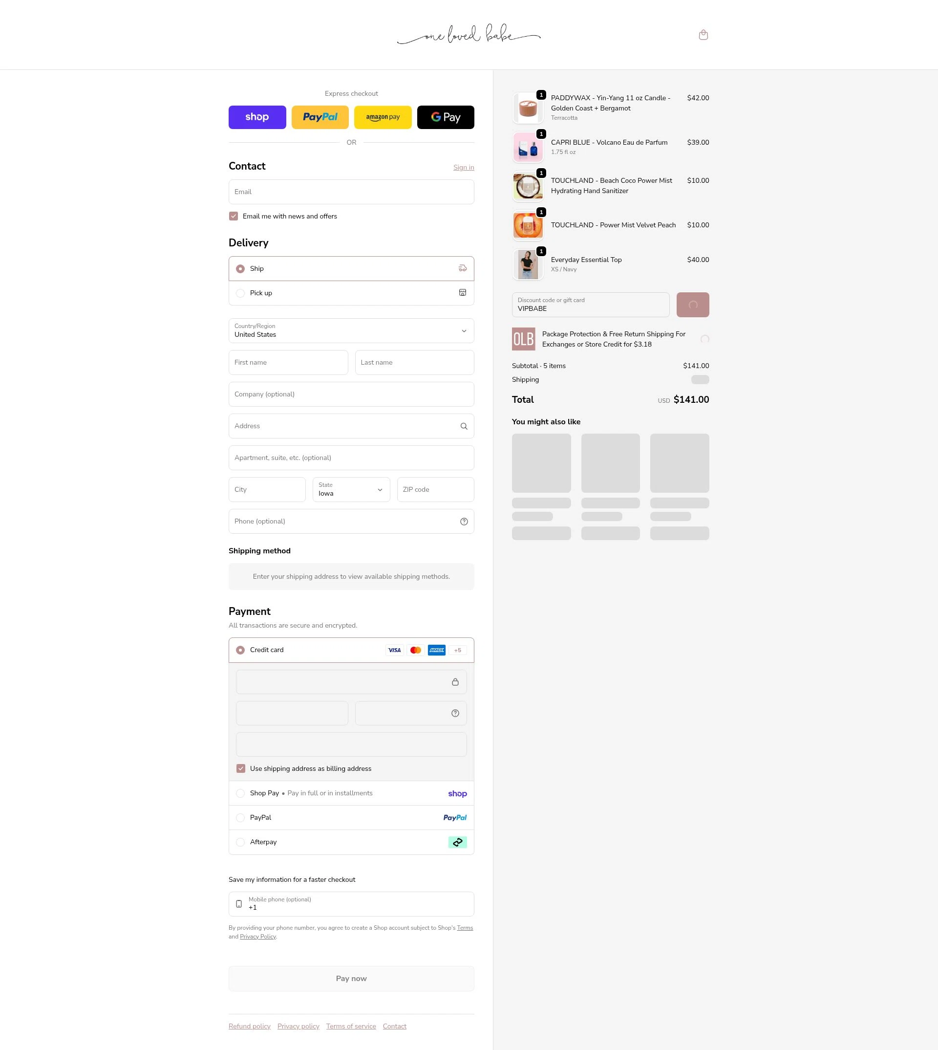 One Loved Babe checkout page showing One Loved Babe discount code box | Screenshot taken by SimplyCodes community member on Feb 12, 2026