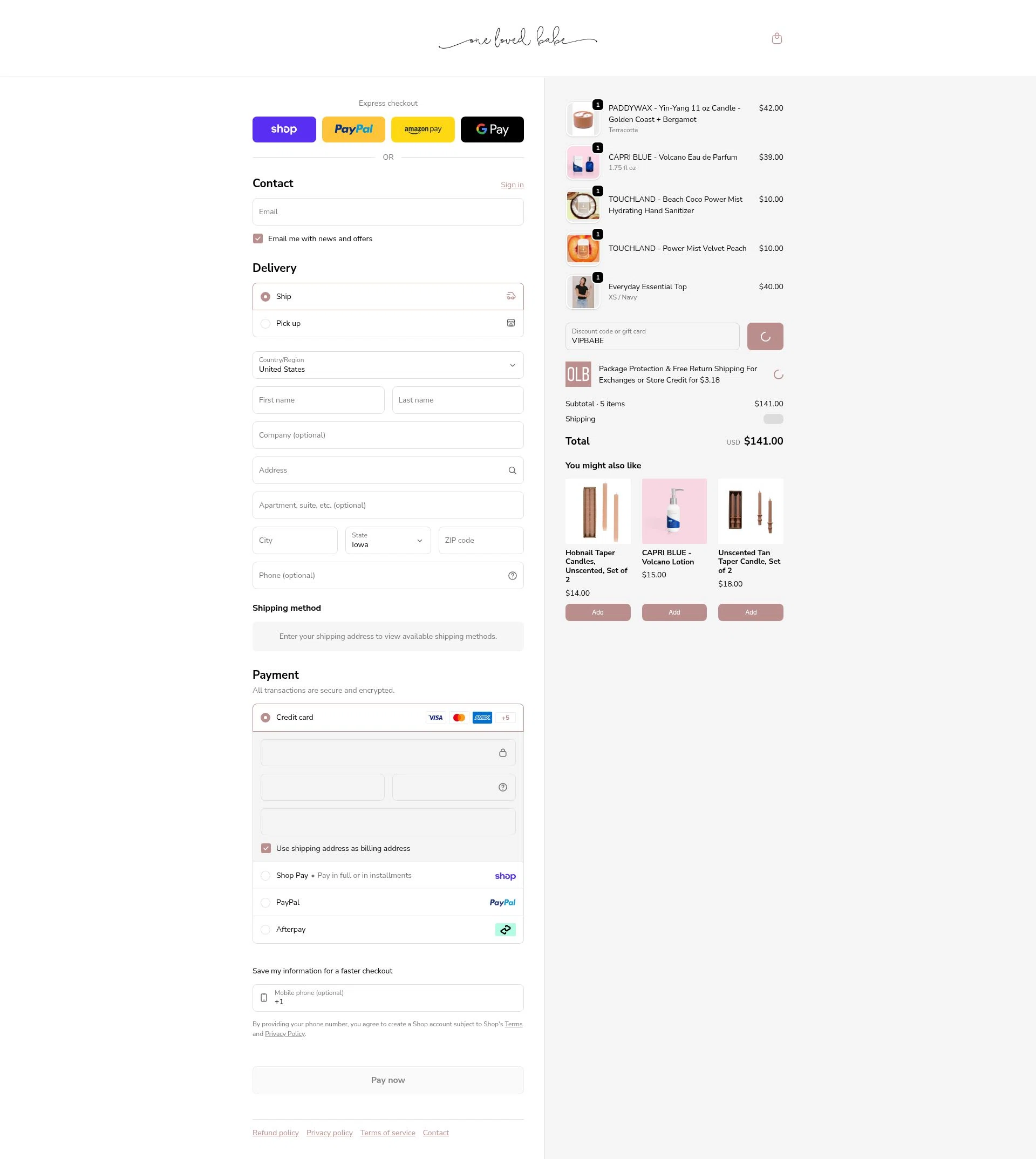 One Loved Babe checkout page showing One Loved Babe discount code box | Screenshot taken by SimplyCodes community member on Feb 7, 2026