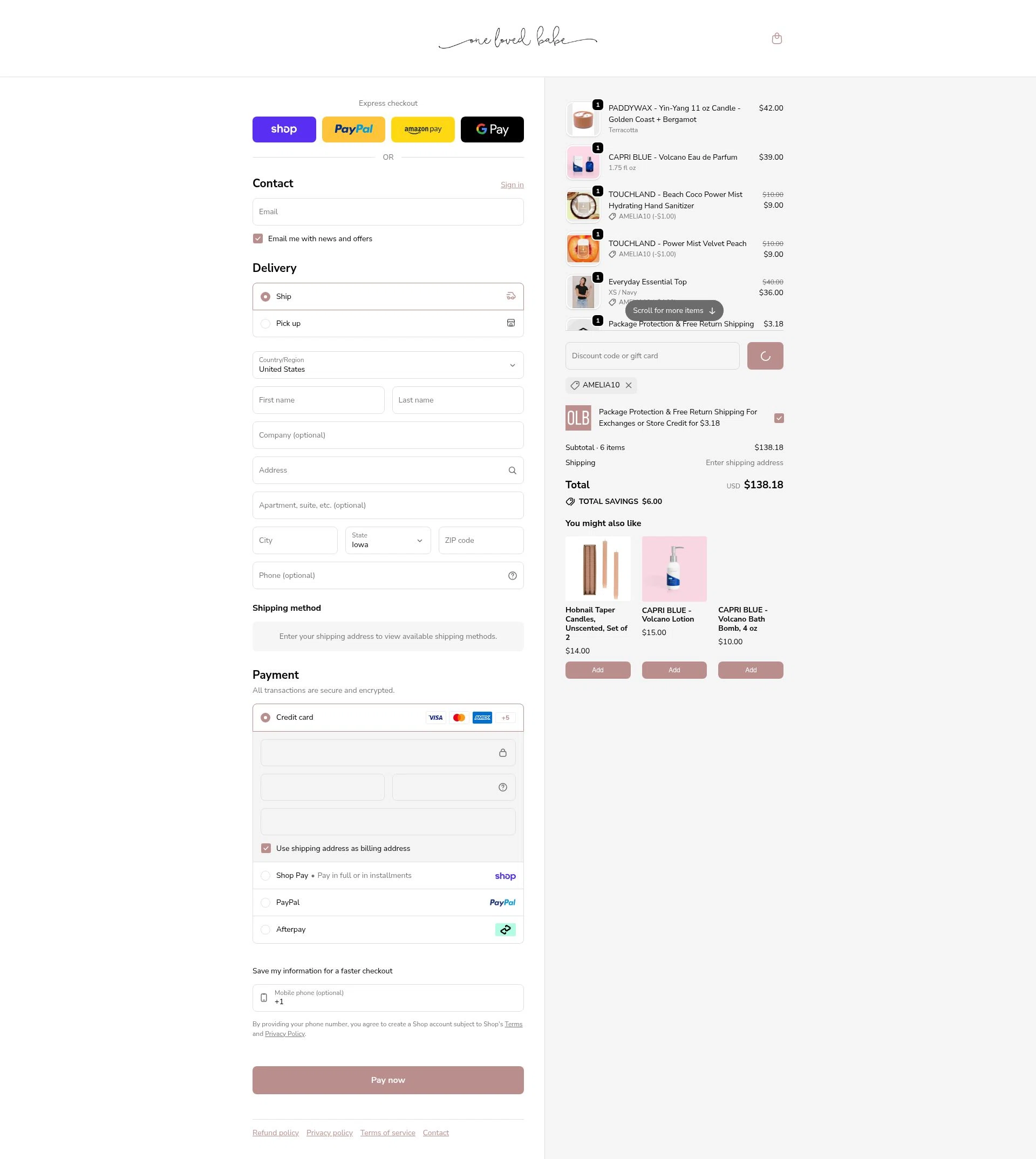 One Loved Babe checkout page showing One Loved Babe discount code box | Screenshot taken by SimplyCodes community member on Feb 7, 2026