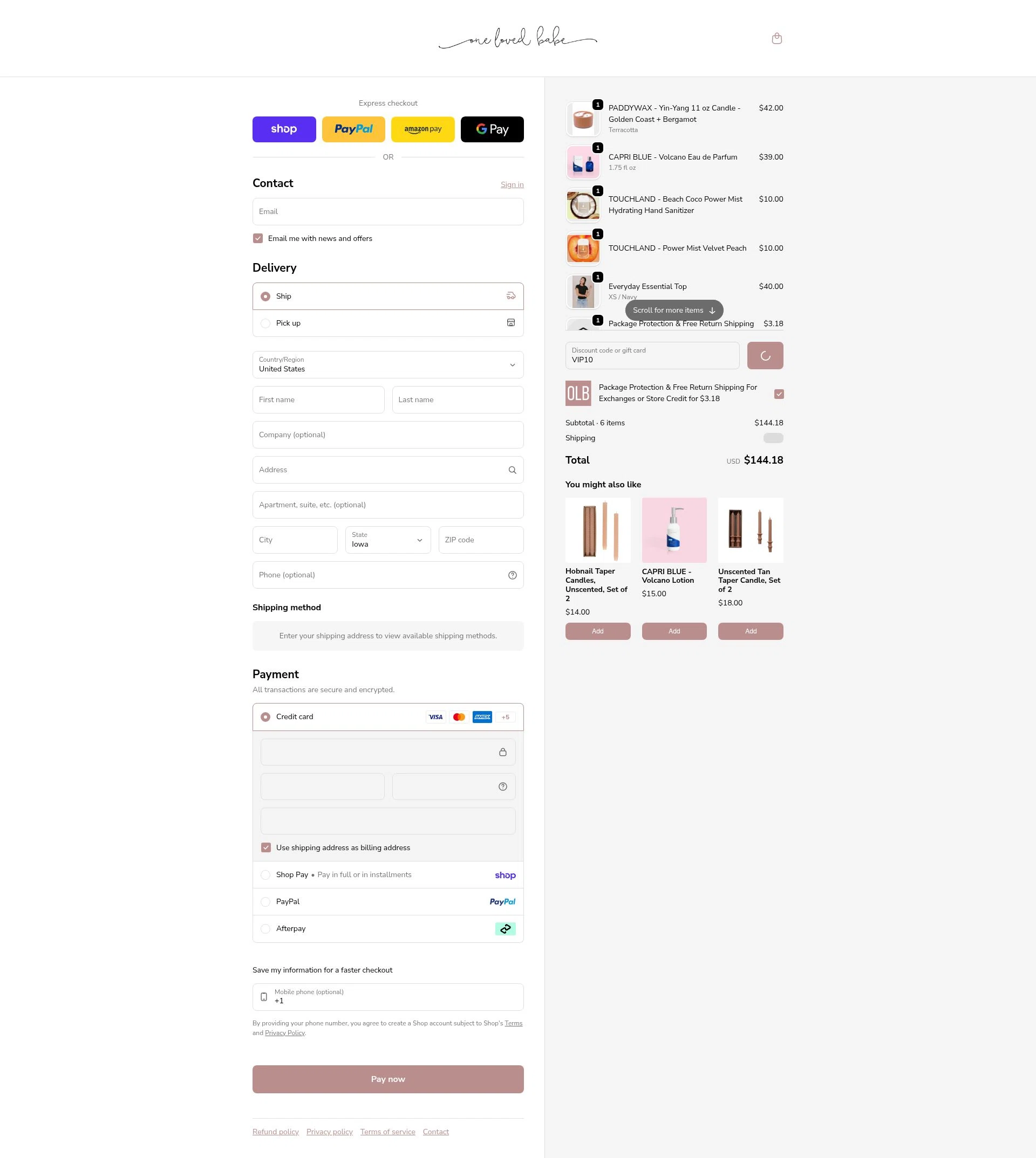 One Loved Babe checkout page showing One Loved Babe discount code box | Screenshot taken by SimplyCodes community member on Feb 12, 2026