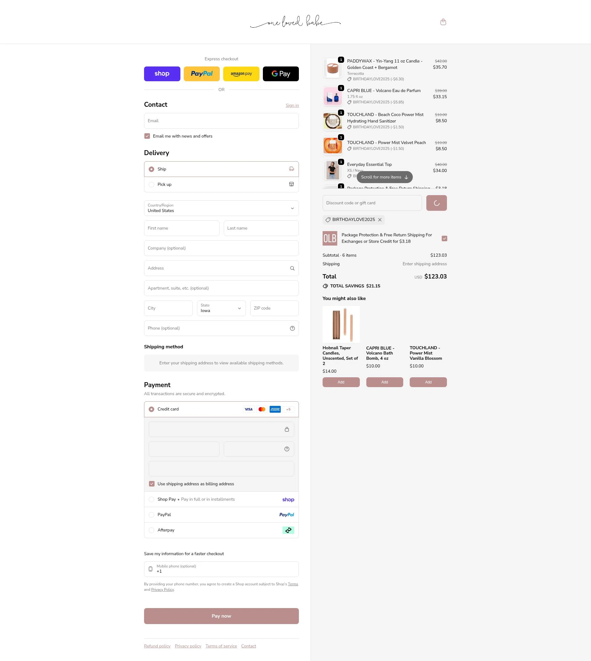 One Loved Babe checkout page showing One Loved Babe discount code box | Screenshot taken by SimplyCodes community member on Feb 3, 2026