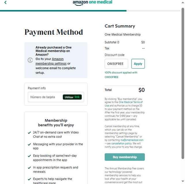 One Medical checkout page showing One Medical discount code box | Screenshot taken by SimplyCodes community member on Jul 30, 2025
