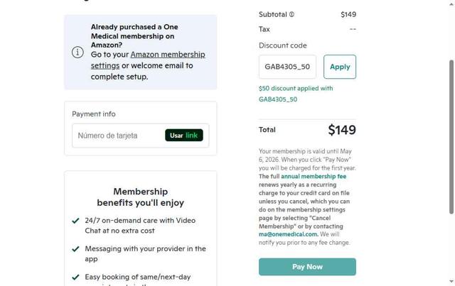 One Medical checkout page showing One Medical discount code box | Screenshot taken by SimplyCodes community member on May 6, 2025