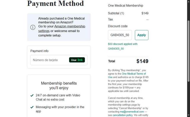 One Medical checkout page showing One Medical discount code box | Screenshot taken by SimplyCodes community member on Jul 30, 2025