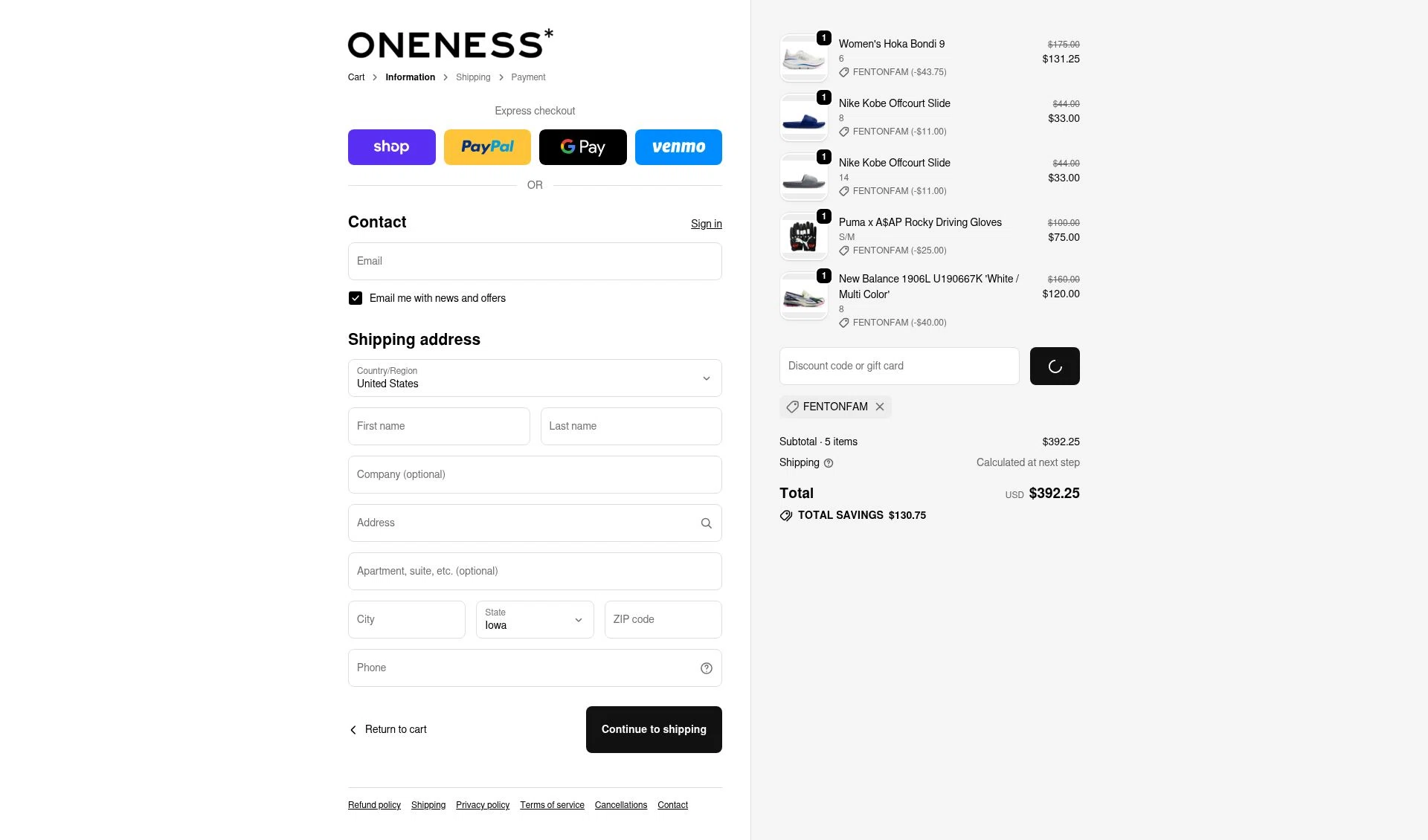 Oneness Boutique checkout page showing Oneness Boutique promo code box | Screenshot taken by SimplyCodes community member on Feb 10, 2026