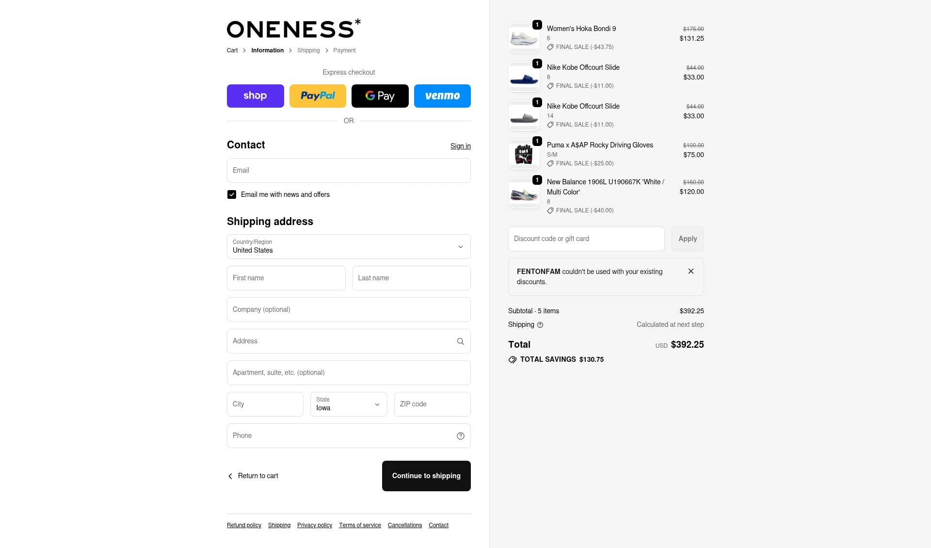 Oneness Boutique checkout page showing Oneness Boutique promo code box | Screenshot taken by SimplyCodes community member on Feb 14, 2026