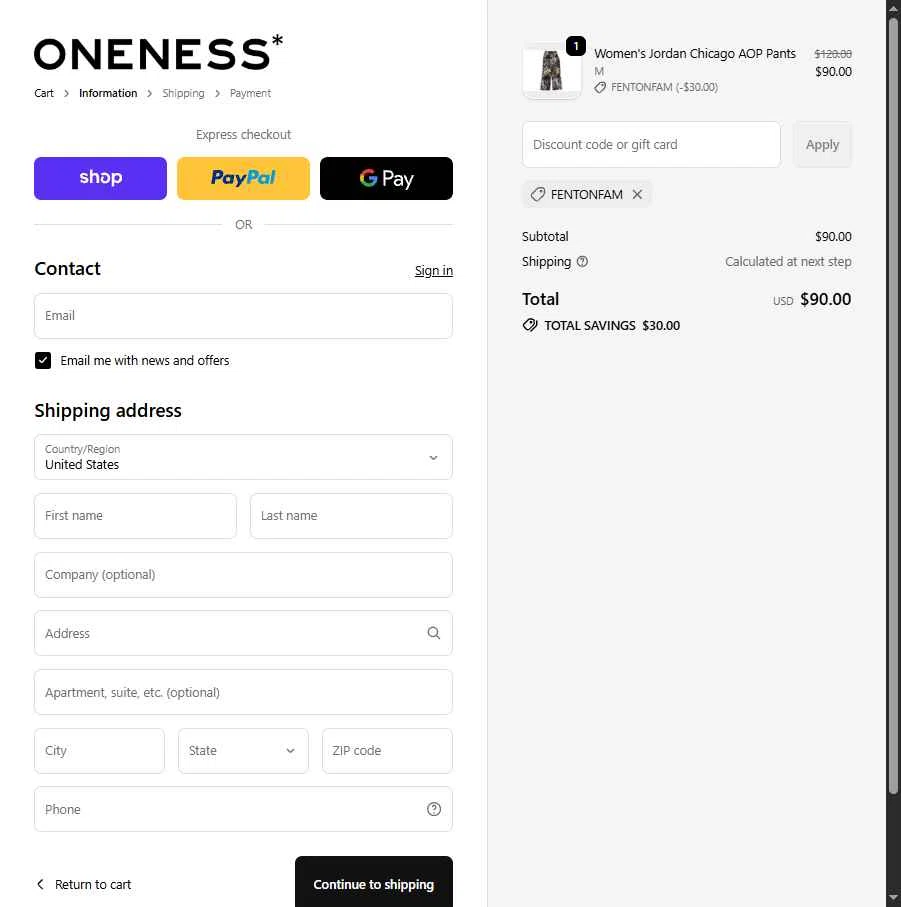Oneness Boutique checkout page showing Oneness Boutique promo code box | Screenshot taken by SimplyCodes community member on Feb 7, 2026