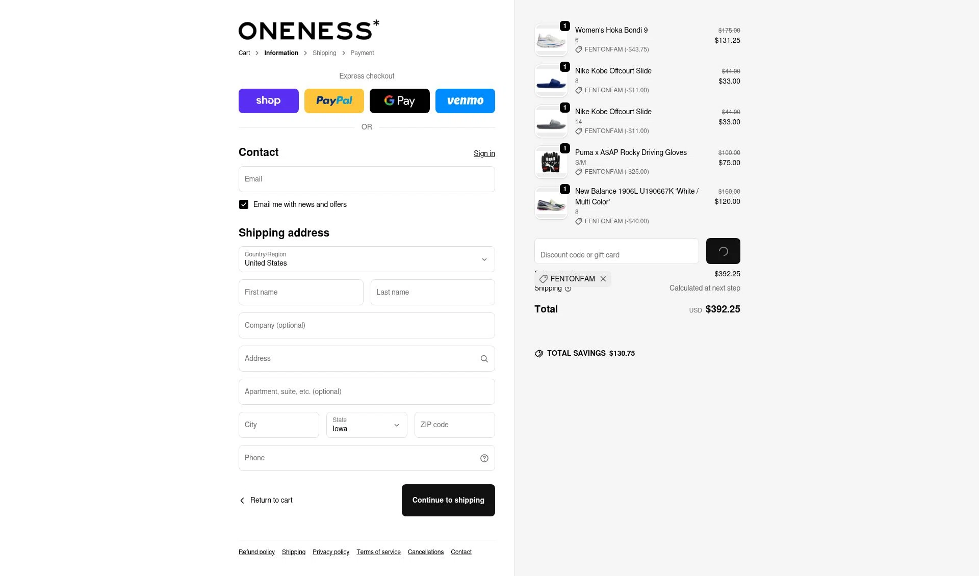 Oneness Boutique checkout page showing Oneness Boutique promo code box | Screenshot taken by SimplyCodes community member on Feb 18, 2026