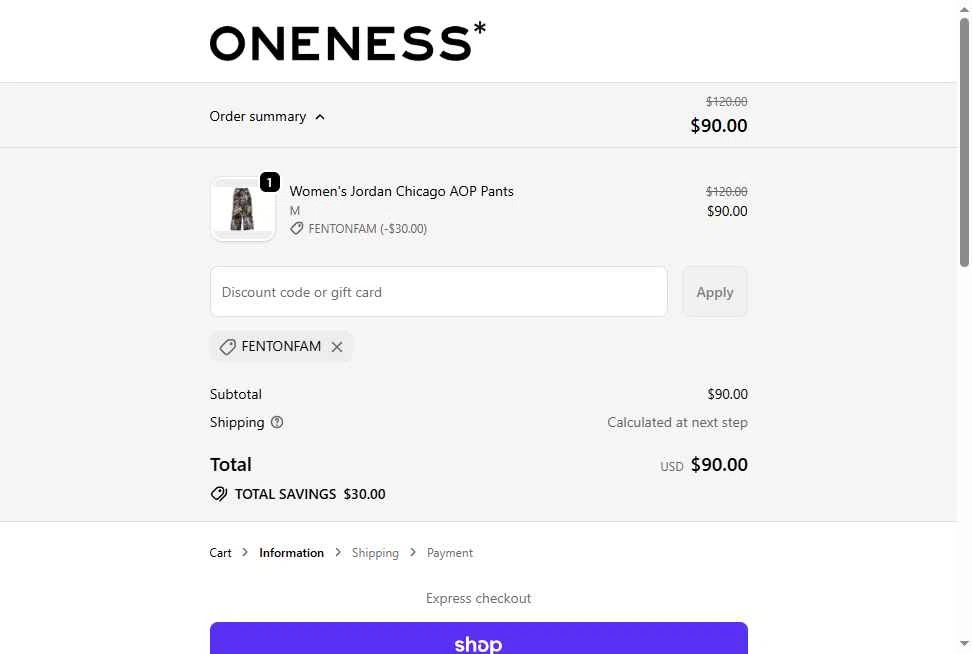 Oneness Boutique checkout page showing Oneness Boutique promo code box | Screenshot taken by SimplyCodes community member on Feb 7, 2026