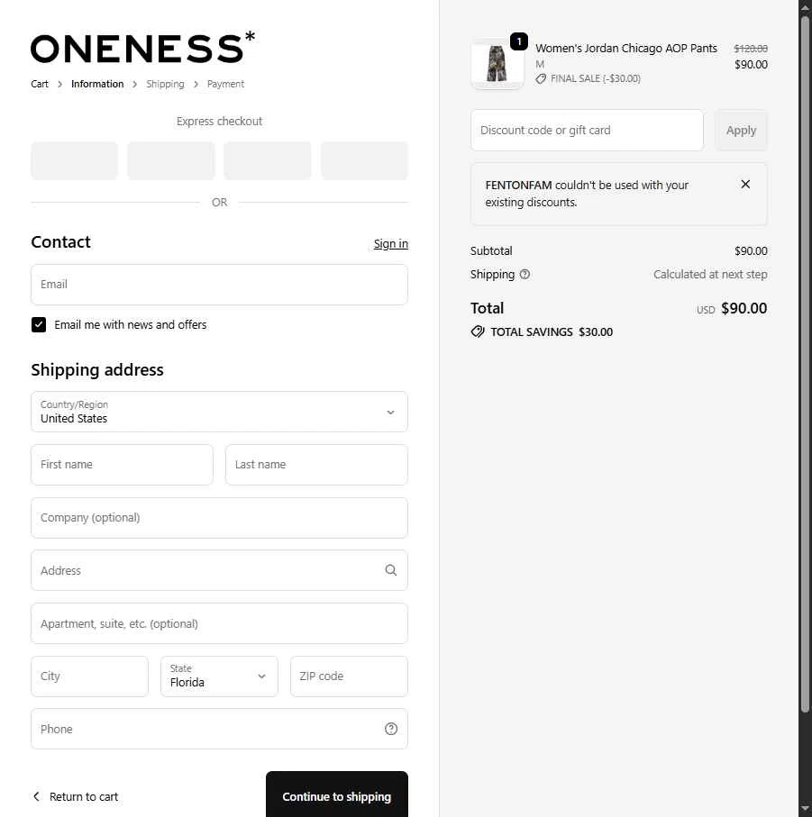 Oneness Boutique checkout page showing Oneness Boutique promo code box | Screenshot taken by SimplyCodes community member on Feb 14, 2026