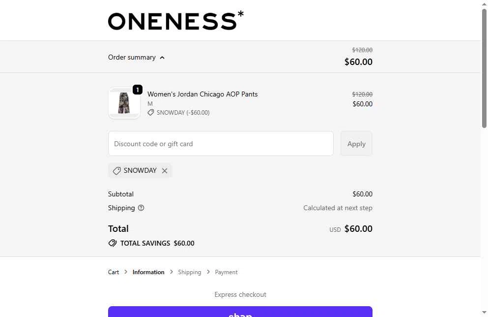 Oneness Boutique checkout page showing Oneness Boutique promo code box | Screenshot taken by SimplyCodes community member on Jan 27, 2026