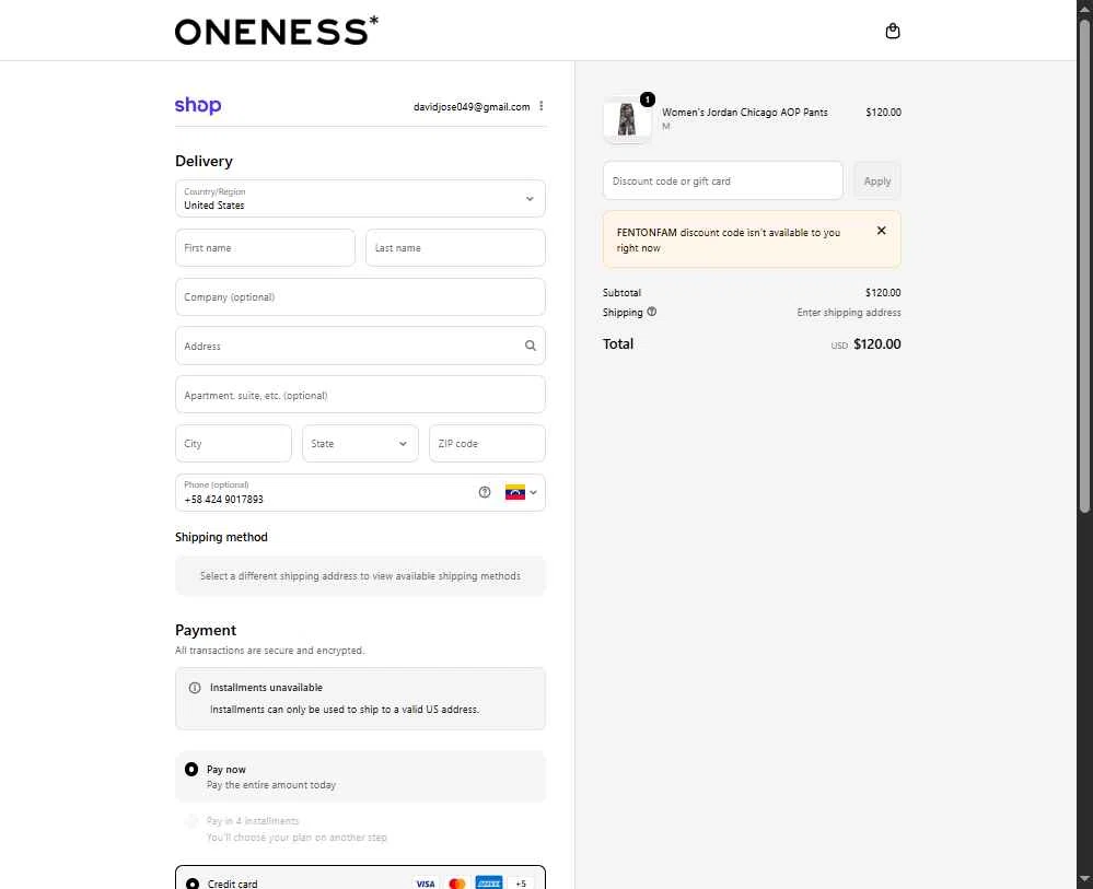 Oneness Boutique checkout page showing Oneness Boutique promo code box | Screenshot taken by SimplyCodes community member on Feb 1, 2026