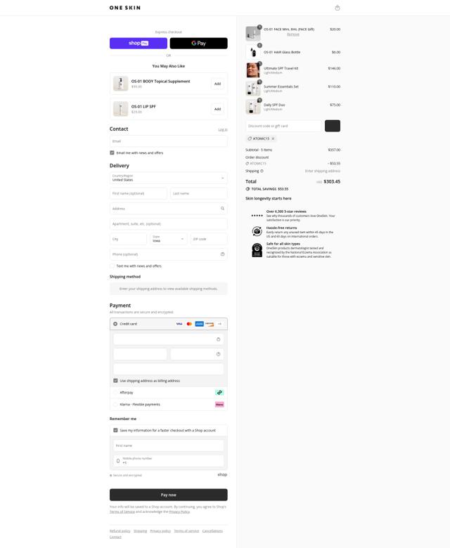 One Skin checkout page showing One Skin discount code box | Screenshot taken by SimplyCodes community member on Aug 20, 2025