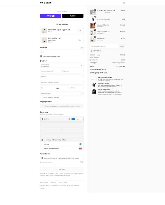 One Skin checkout page showing One Skin discount code box | Screenshot taken by SimplyCodes community member on Aug 25, 2025