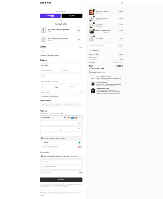 One Skin checkout page showing One Skin discount code box | Screenshot taken by SimplyCodes community member on Aug 16, 2025