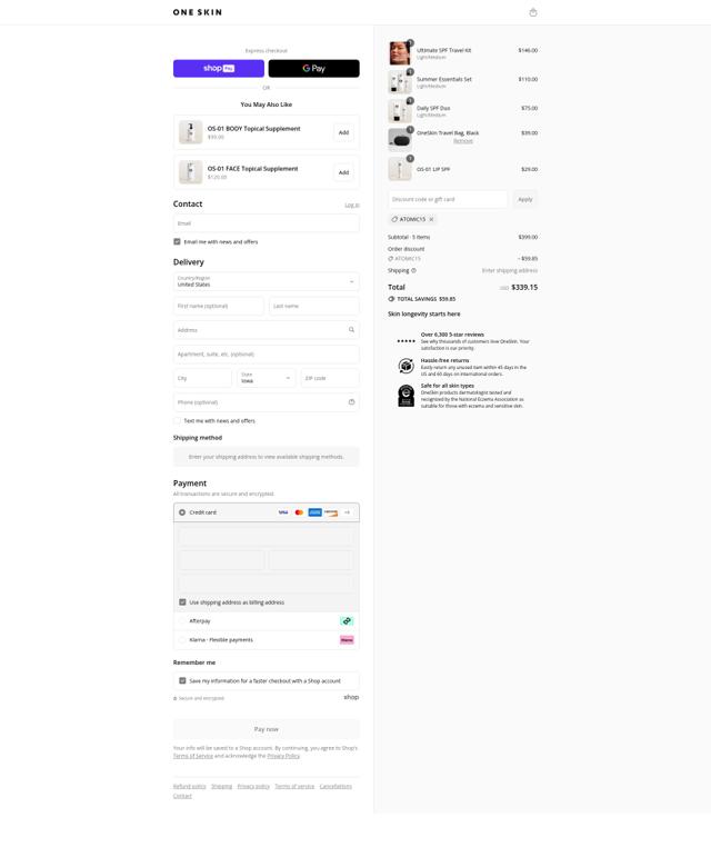 One Skin checkout page showing One Skin discount code box | Screenshot taken by SimplyCodes community member on Aug 15, 2025