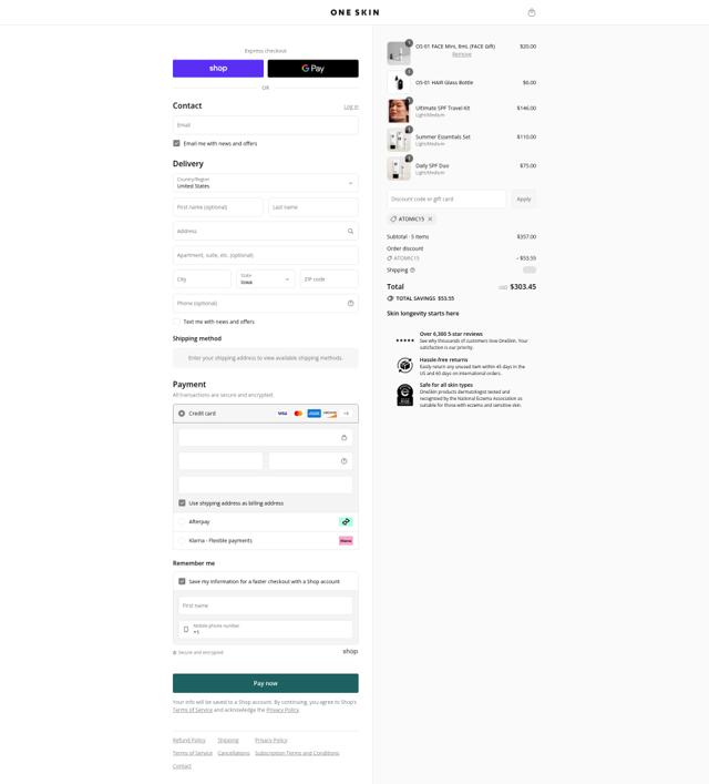 One Skin checkout page showing One Skin discount code box | Screenshot taken by SimplyCodes community member on Aug 29, 2025