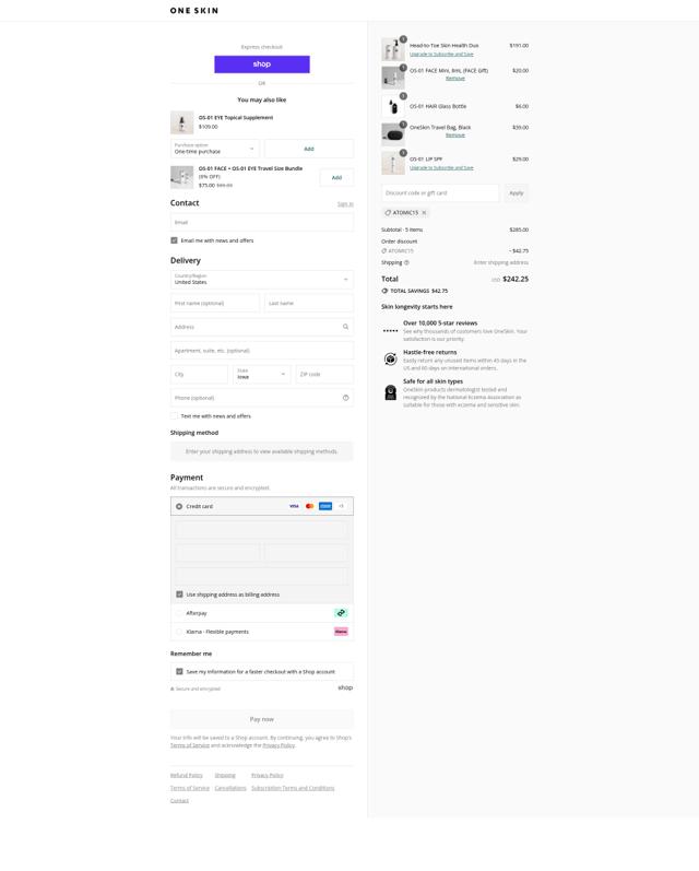 One Skin checkout page showing One Skin discount code box | Screenshot taken by SimplyCodes community member on Sep 14, 2025