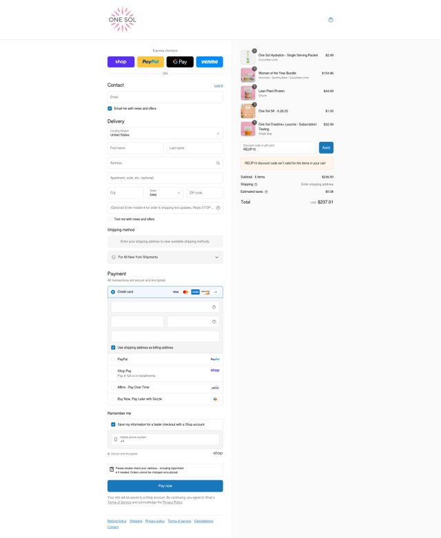 ONE SOL checkout page showing ONE SOL discount code box | Screenshot taken by SimplyCodes community member on Sep 6, 2025