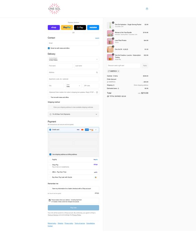 ONE SOL checkout page showing ONE SOL discount code box | Screenshot taken by SimplyCodes community member on Sep 6, 2025