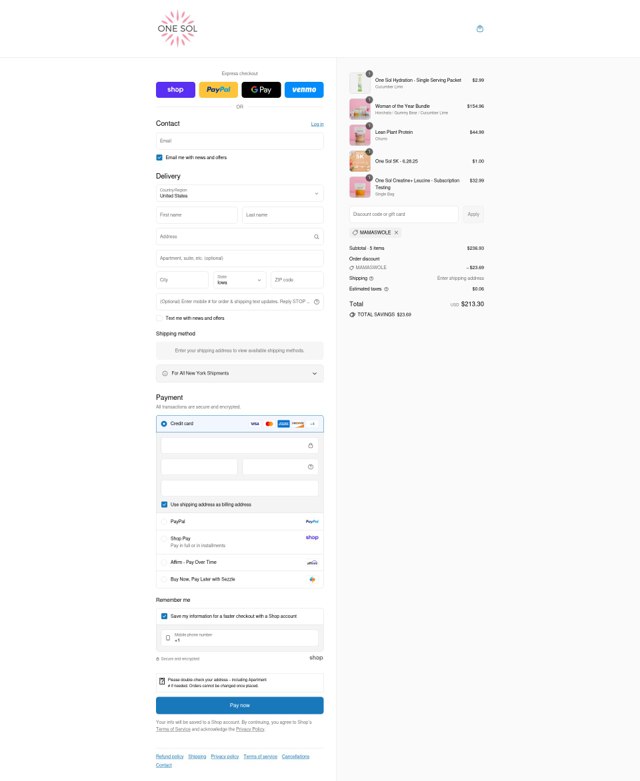 ONE SOL checkout page showing ONE SOL discount code box | Screenshot taken by SimplyCodes community member on Sep 6, 2025